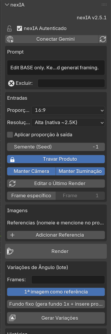 Painel nexIA v2.5.1 no Blender — Travar Produto, Manter Câmera, Render