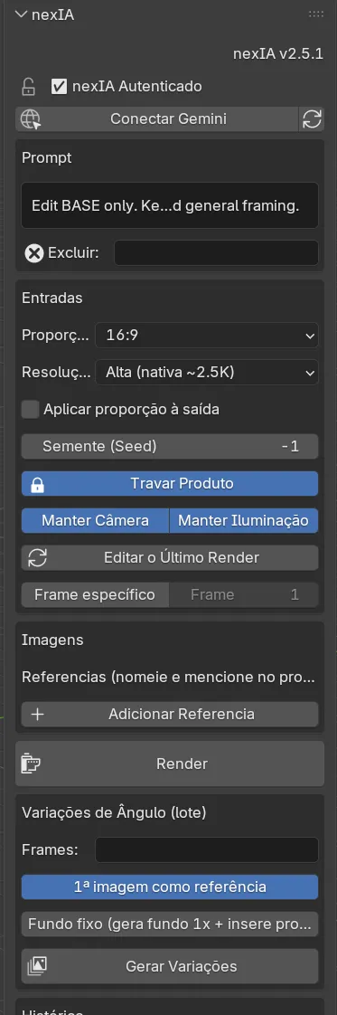 Painel nexIA v2.5.1 no Blender — Travar Produto, Manter Câmera, Render